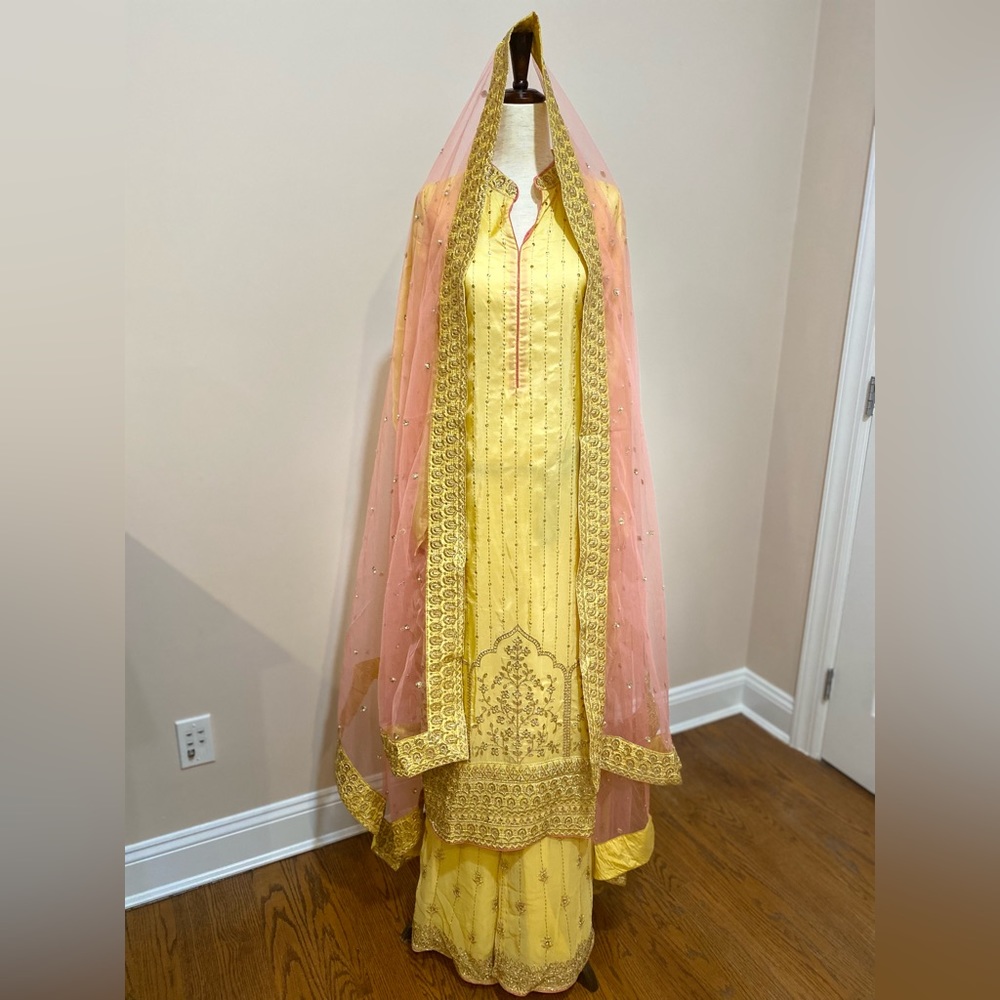 Indian Semi Stitched Yellow and Pink Sharara Suit